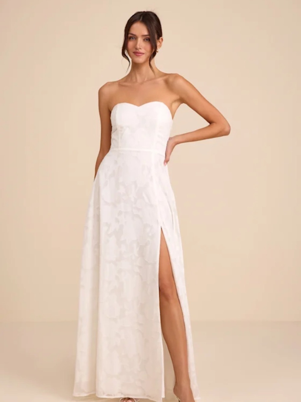 Lulu's White Strapless Sweetheart Maxi Dress with Side Slit